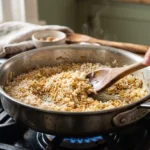 Rice and orzo being stirred and toasted golden in a saucepan