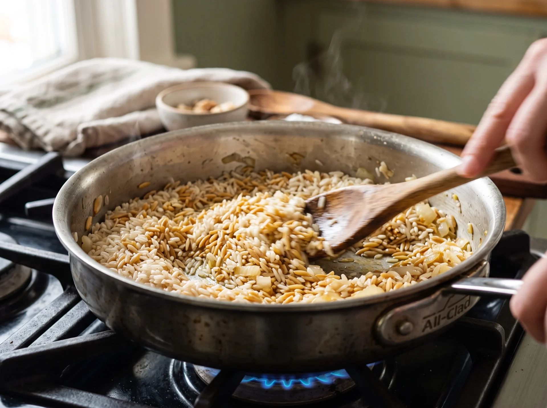 Rice and orzo being stirred and toasted golden in a saucepan