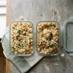 Mediterranean rice pilaf with orzo portioned into glass meal-prep containers