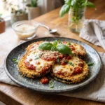 Air fryer keto eggplant parmesan plated with melted mozzarella, marinara, and fresh basil