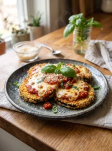Air fryer keto eggplant parmesan plated with melted mozzarella, marinara, and fresh basil