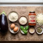 Raw ingredients for air fryer keto eggplant parmesan laid out on a wooden counter
