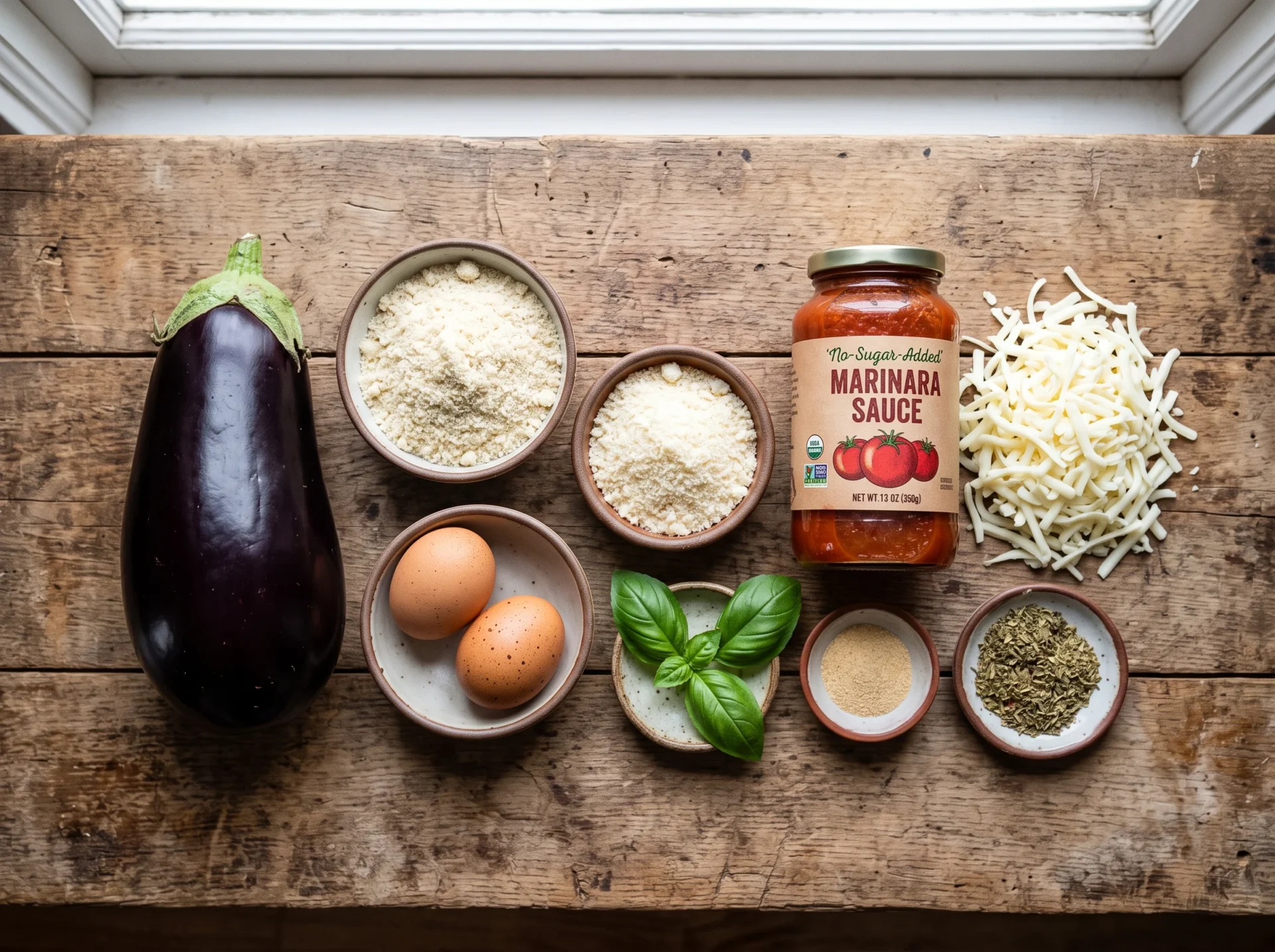 Raw ingredients for air fryer keto eggplant parmesan laid out on a wooden counter