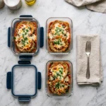 Air fryer keto eggplant parmesan portioned into glass meal-prep containers