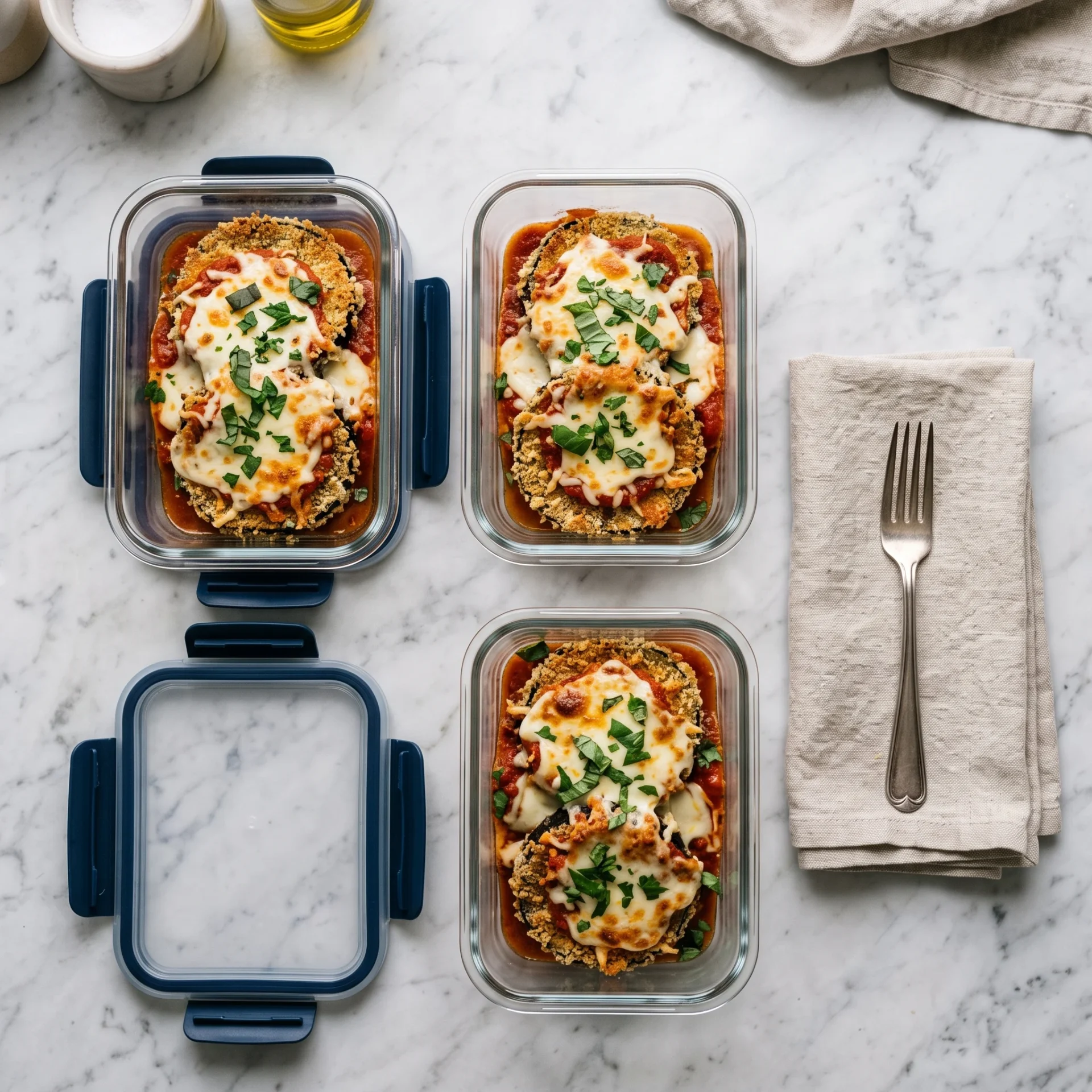 Air fryer keto eggplant parmesan portioned into glass meal-prep containers