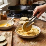 Pressing an almond-flour-breaded eggplant round with tongs