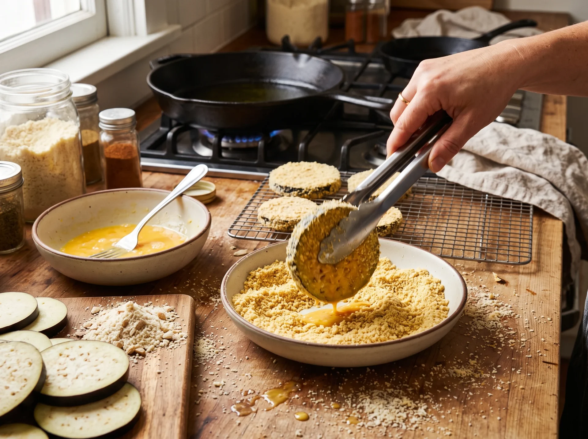Pressing an almond-flour-breaded eggplant round with tongs