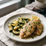 Easy lemon garlic chicken zucchini skillet plated with lemon wedges and parsley