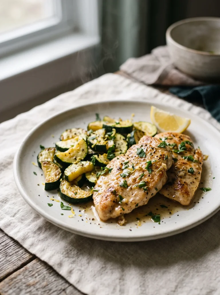 Easy lemon garlic chicken zucchini skillet plated with lemon wedges and parsley