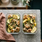 Easy lemon garlic chicken zucchini skillet portioned into two glass meal-prep containers