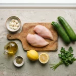 Raw ingredients for easy lemon garlic chicken zucchini skillet laid out on a wood board