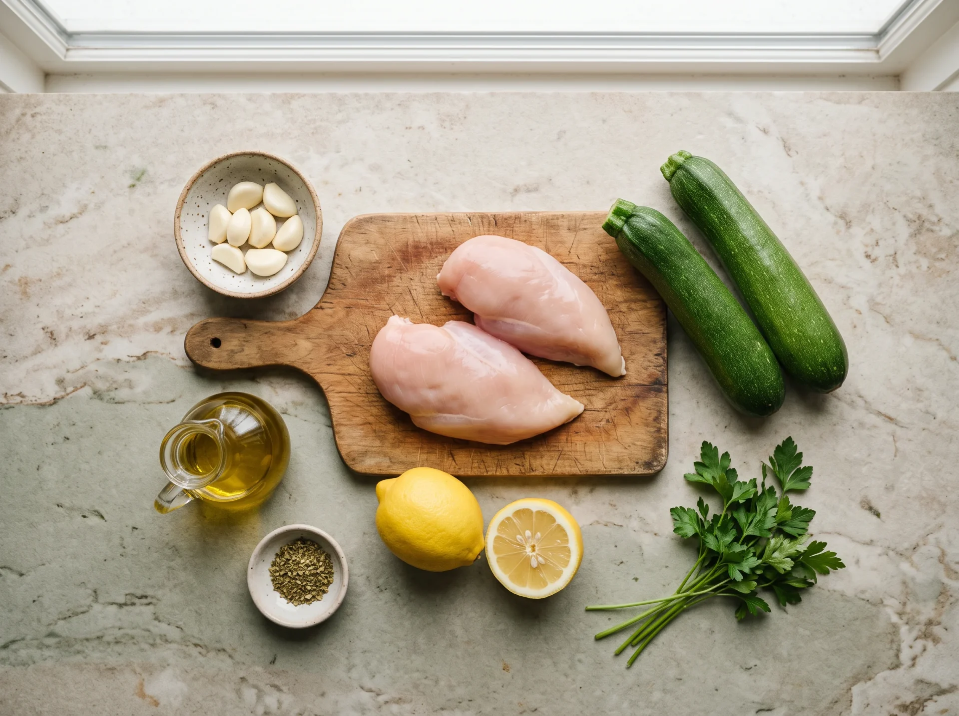 Raw ingredients for easy lemon garlic chicken zucchini skillet laid out on a wood board