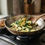 Zucchini sautéing in a skillet beside seared chicken for the lemon garlic chicken zucchini skillet