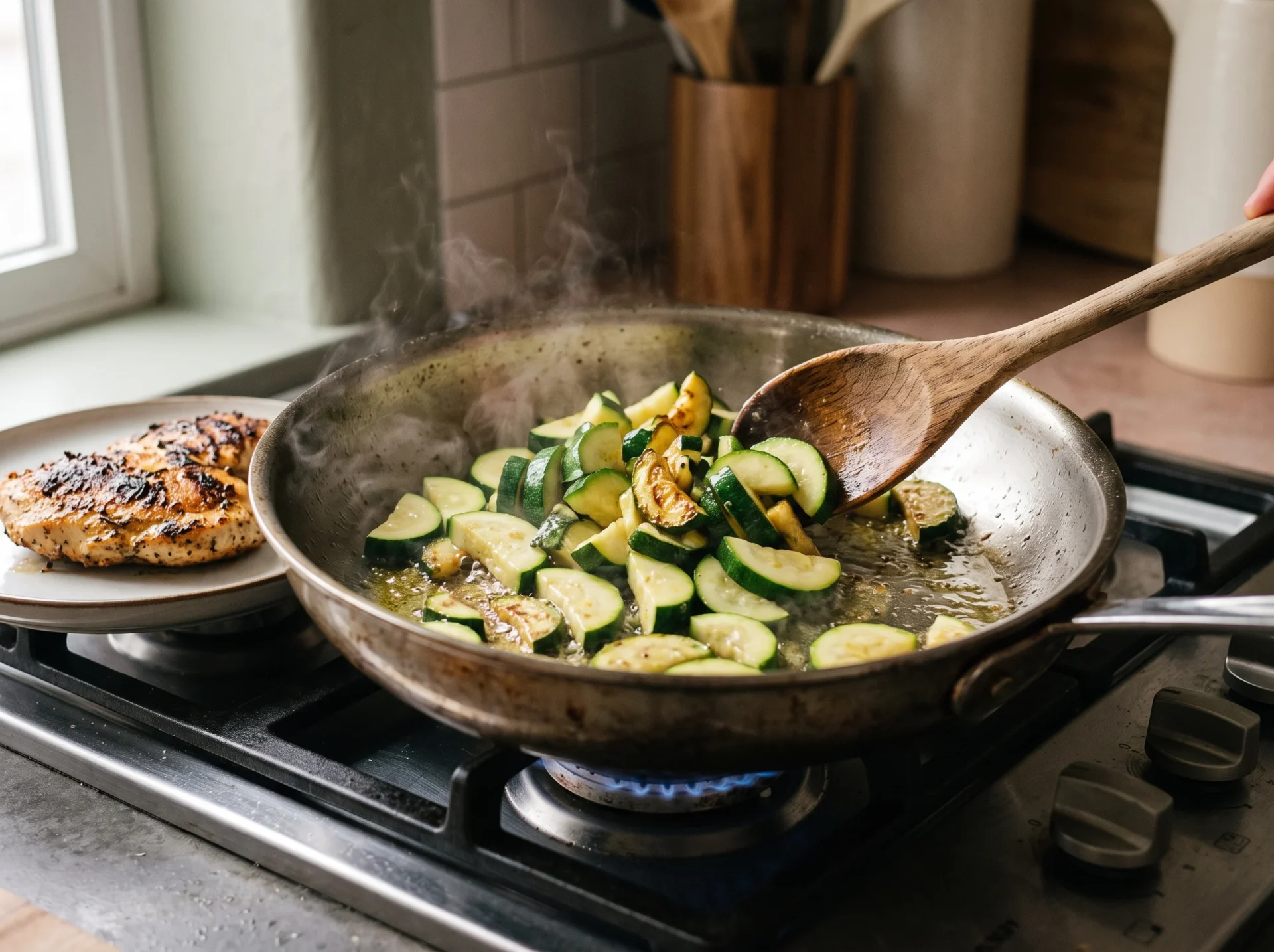 Zucchini sautéing in a skillet beside seared chicken for the lemon garlic chicken zucchini skillet