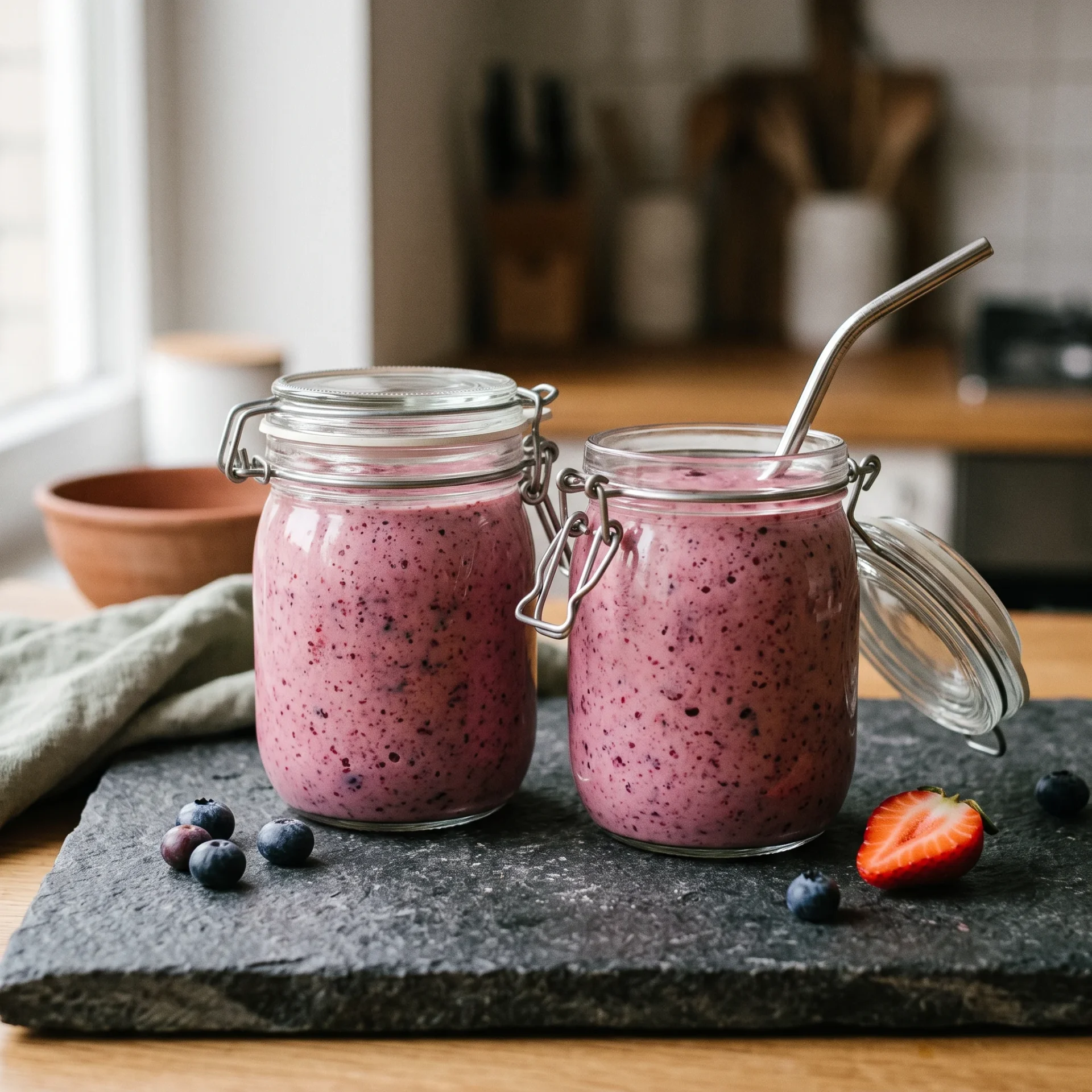 Two meal-prep jars of cottage cheese berry protein smoothie with a straw and fresh berries