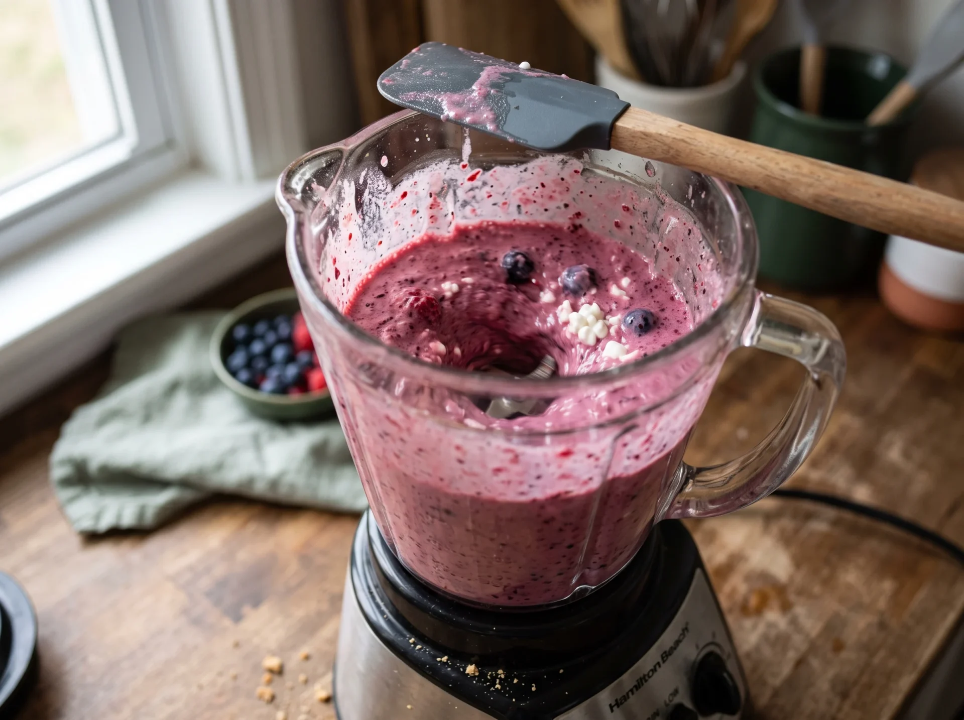 Cottage cheese berry protein smoothie blending in a glass jar with berries mid-swirl