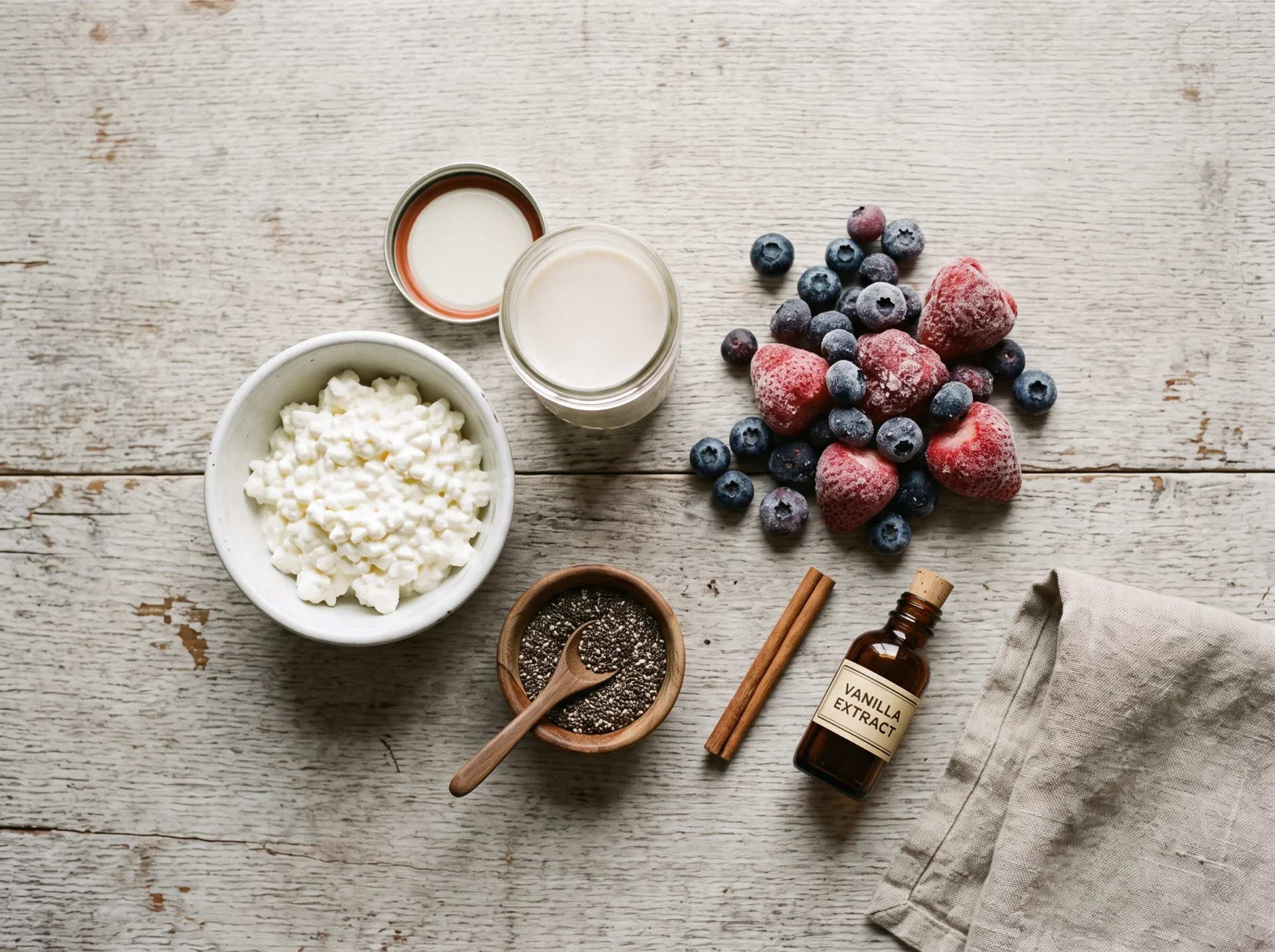 Raw ingredients for a cottage cheese berry protein smoothie: cheese, milk, berries, and chia