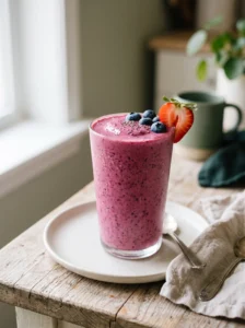 Tall glass of cottage cheese berry protein smoothie topped with blueberries and a strawberry