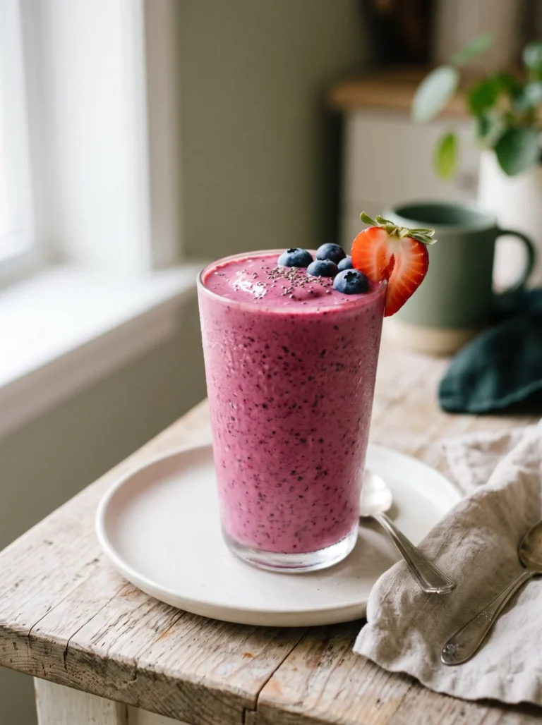 Tall glass of cottage cheese berry protein smoothie topped with blueberries and a strawberry