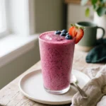 Tall glass of cottage cheese berry protein smoothie topped with blueberries and a strawberry