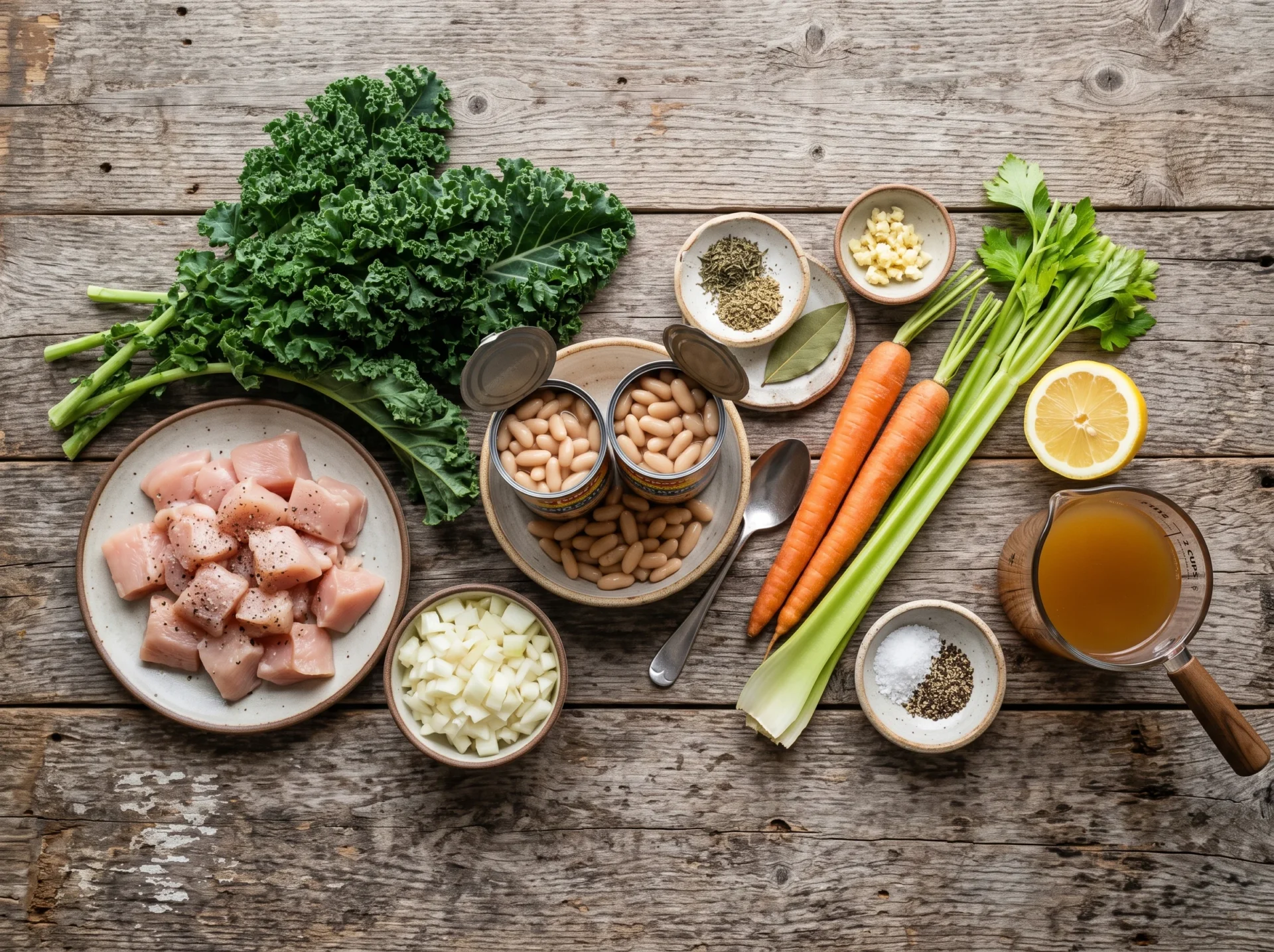 Raw ingredients for high protein white bean chicken kale soup laid out on a wood board
