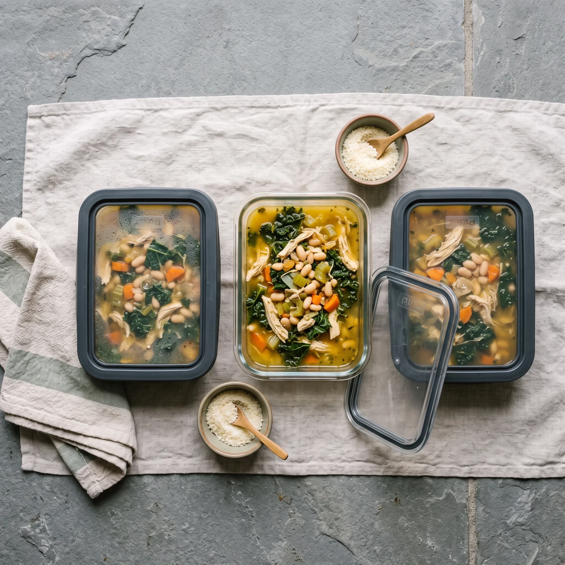 High protein white bean chicken kale soup packed into glass meal-prep containers
