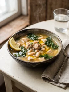 High protein white bean chicken kale soup served in a rustic bowl with lemon and olive oil