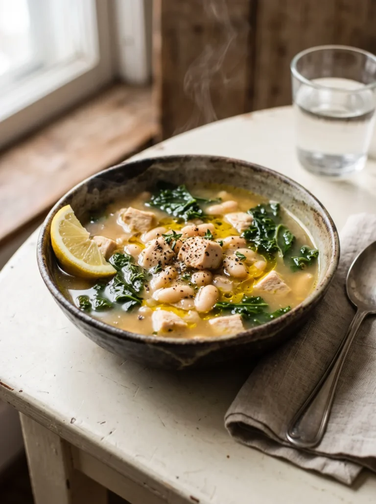 High protein white bean chicken kale soup served in a rustic bowl with lemon and olive oil