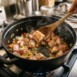 Chicken and vegetables searing in a Dutch oven for white bean chicken kale soup