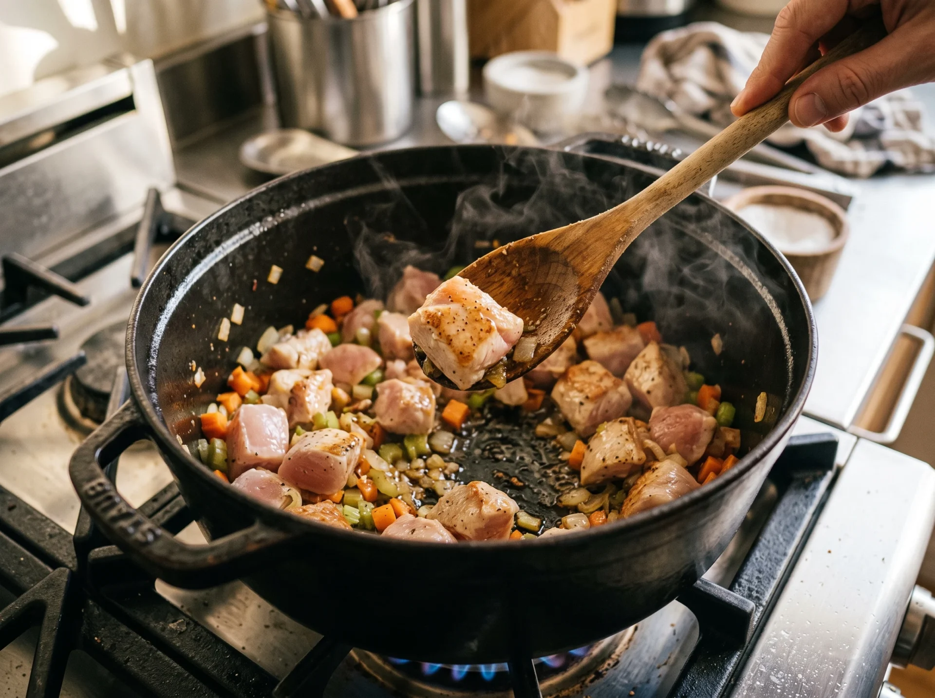 Chicken and vegetables searing in a Dutch oven for white bean chicken kale soup