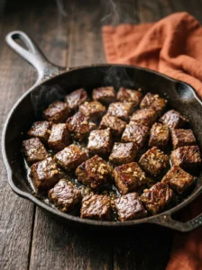 Carnivore garlic butter steak bites glossy in a cast iron skillet