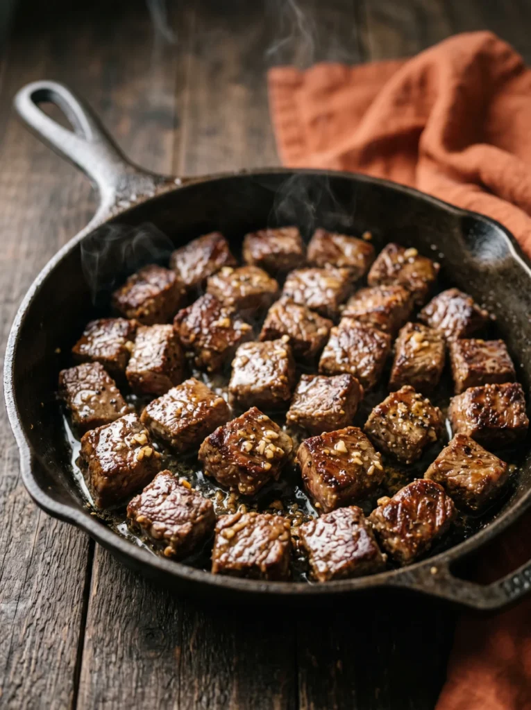 Carnivore garlic butter steak bites glossy in a cast iron skillet