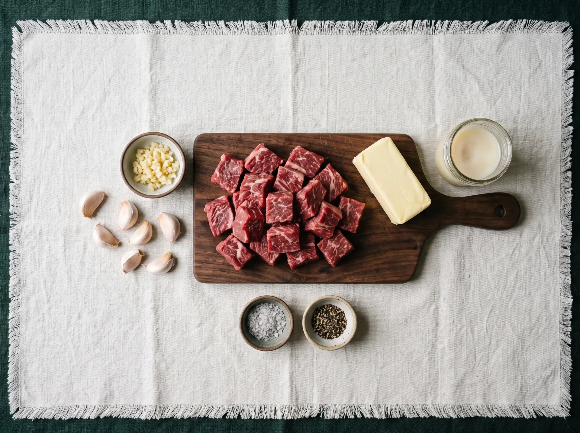 Raw sirloin, butter, tallow, and garlic for carnivore garlic butter steak bites