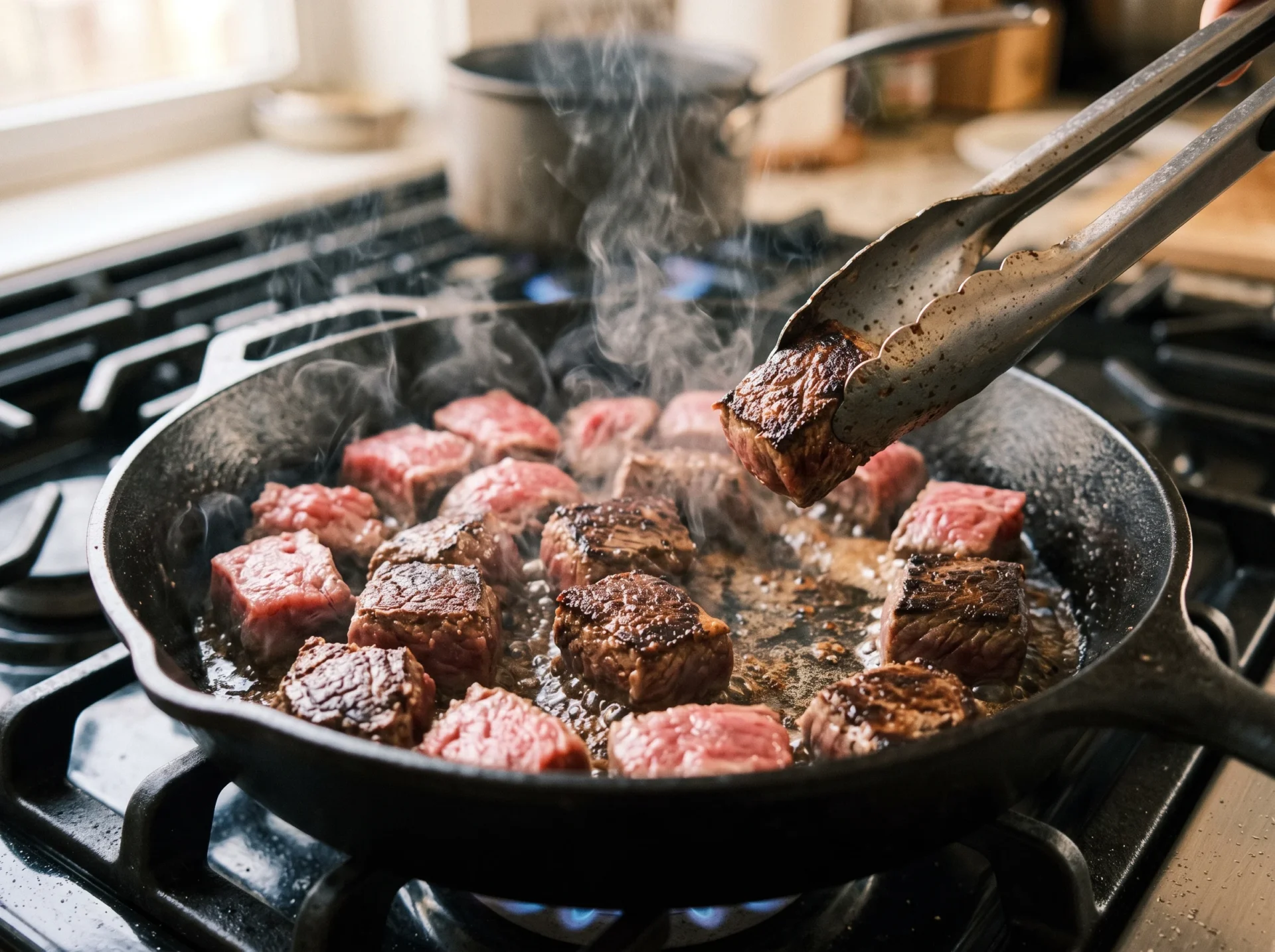 Sirloin cubes searing in a hot skillet for carnivore garlic butter steak bites