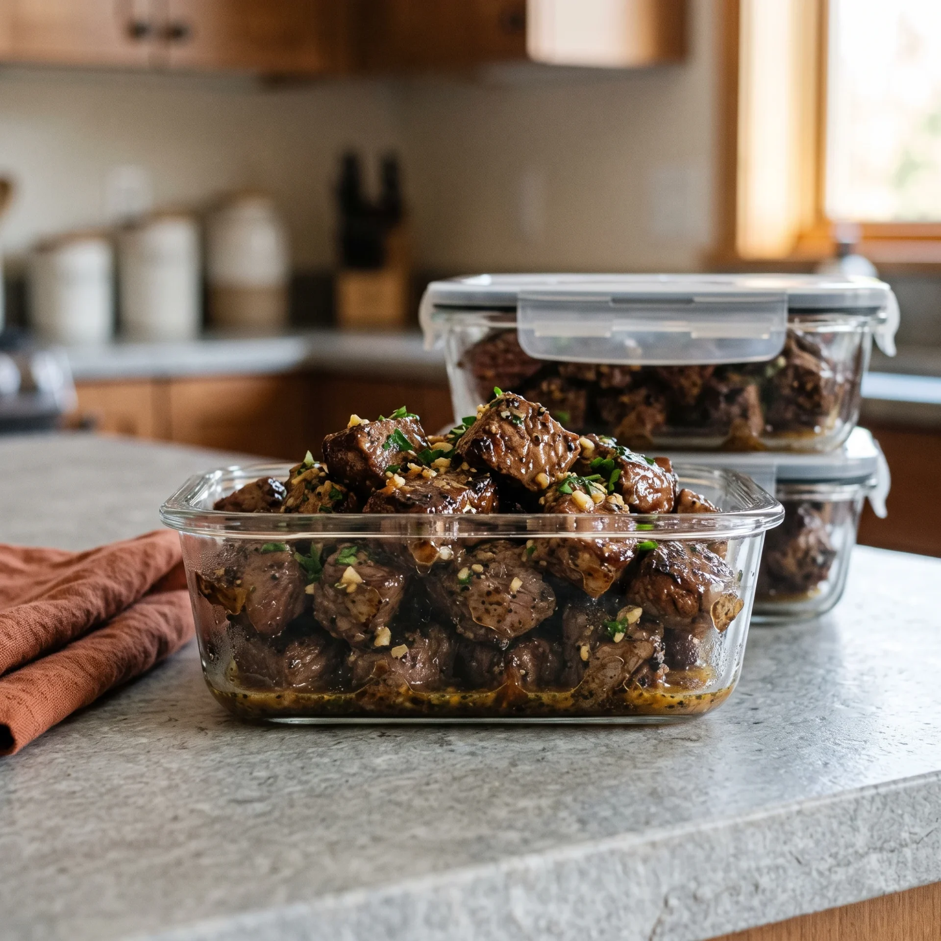 Carnivore garlic butter steak bites portioned into a meal-prep container
