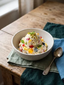 Tutti frutti frozen yogurt scooped with mango berries pineapple and pistachios