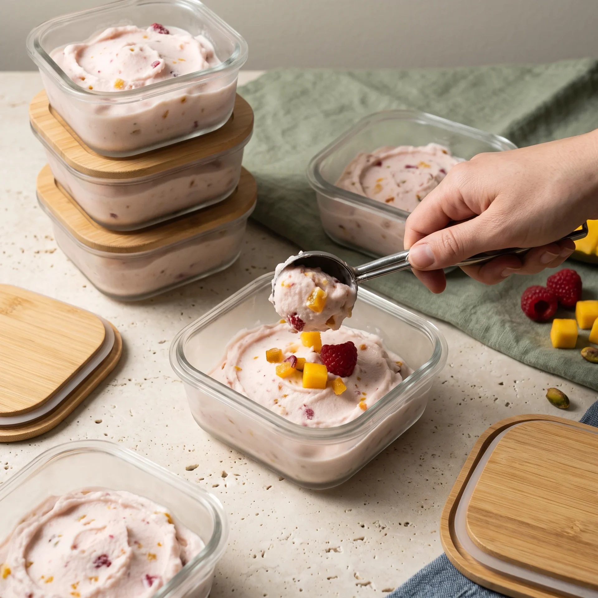 Tutti frutti frozen yogurt portioned into freezer safe containers