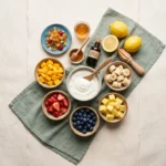 Tutti frutti frozen yogurt ingredients with Greek yogurt honey and diced fruit