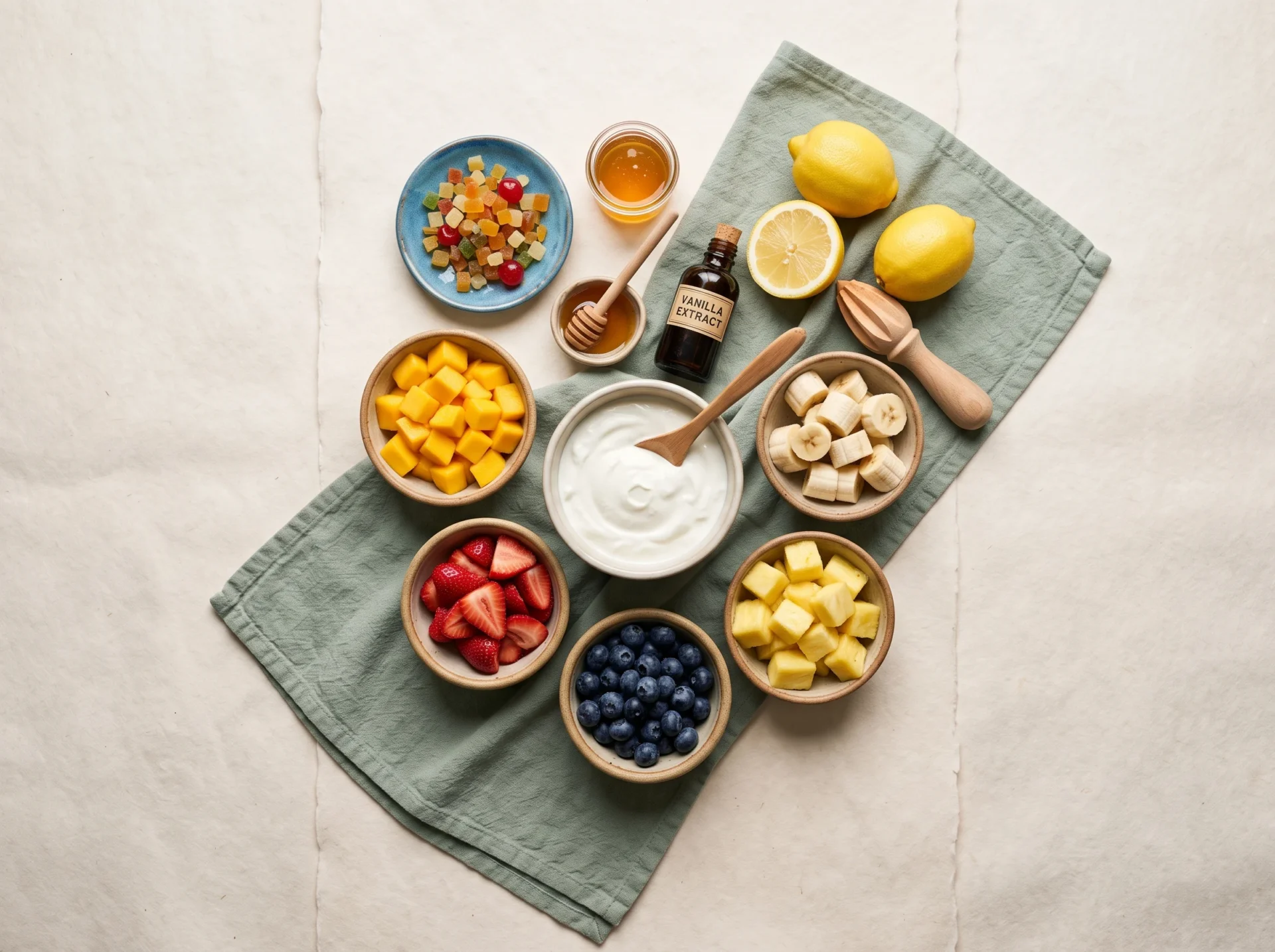 Tutti frutti frozen yogurt ingredients with Greek yogurt honey and diced fruit