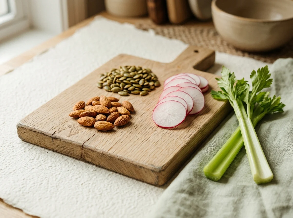 Roasted almonds, pumpkin seeds, and radish slices on a wood board