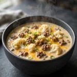 Creamy keto ground beef soup with cauliflower and cheddar in a bowl