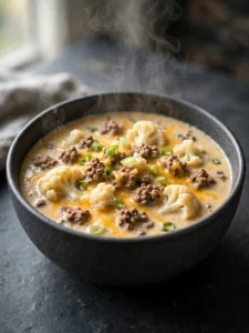 Creamy keto ground beef soup with cauliflower and cheddar in a bowl