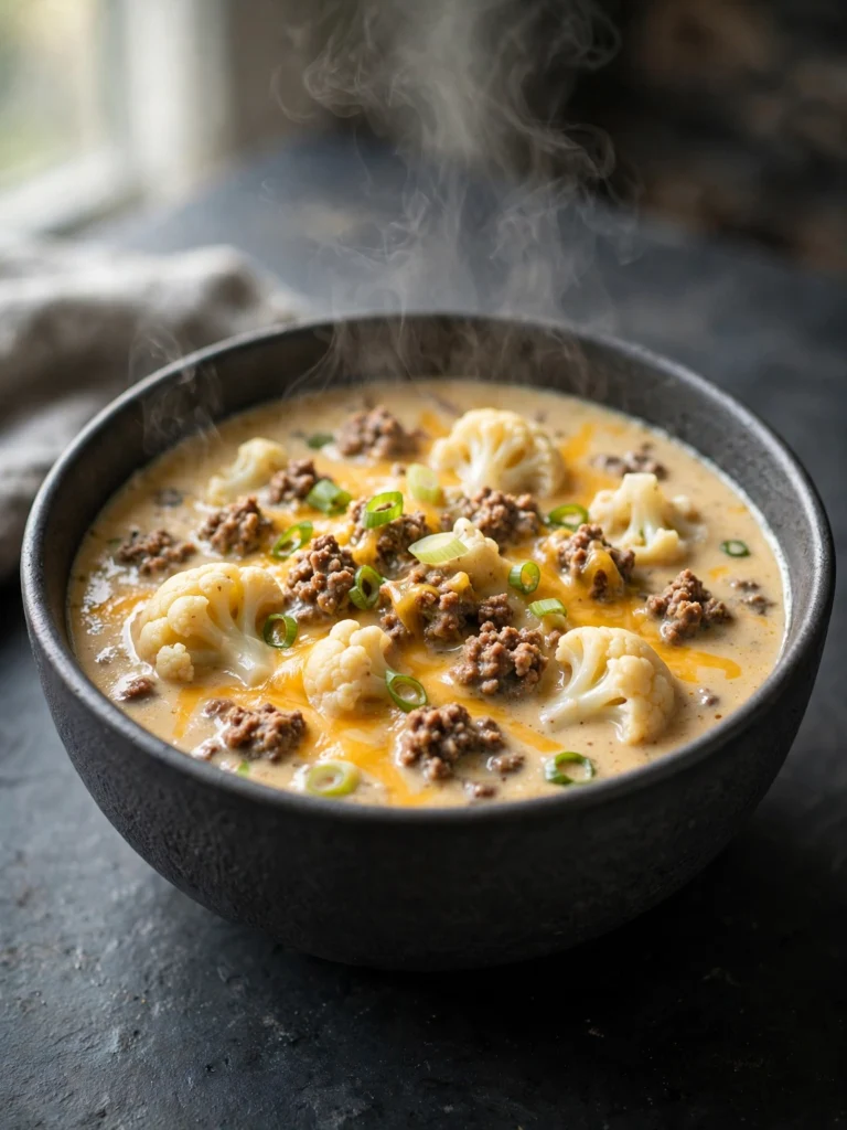Creamy keto ground beef soup with cauliflower and cheddar in a bowl