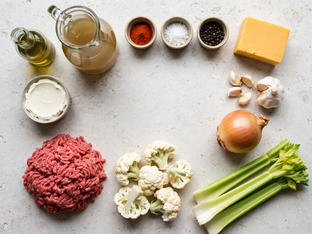 Keto Ground Beef Soup with Cauliflower and Cheddar