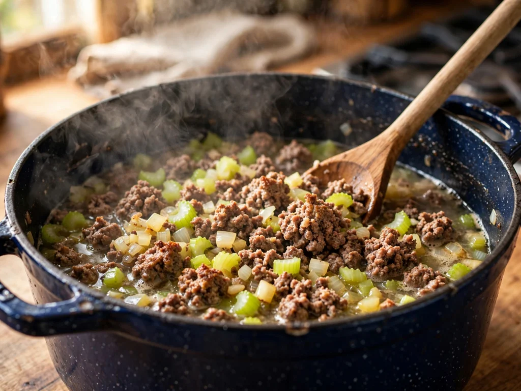 Ground beef browning in a Dutch oven for keto ground beef soupv