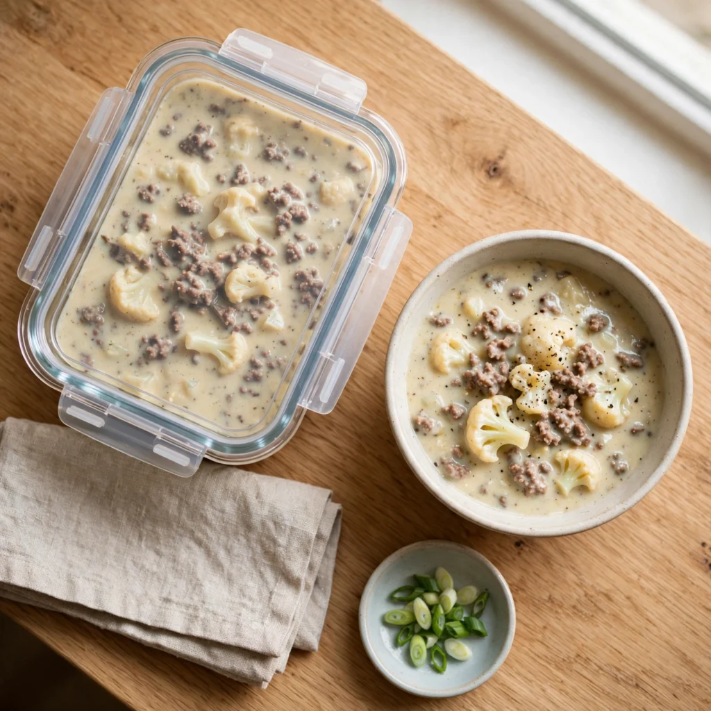 Portioned keto ground beef soup for meal prep storage