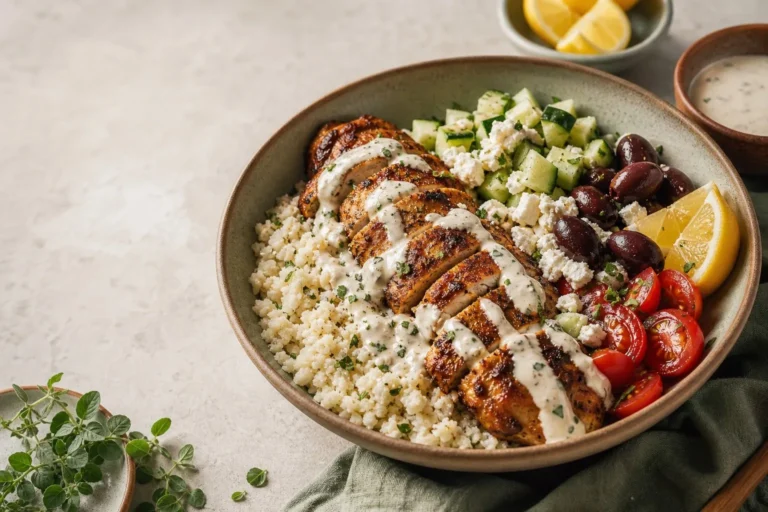 Keto Mediterranean Cauliflower Rice Bowl with Chicken