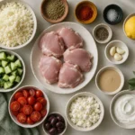 Keto Mediterranean cauliflower rice bowl ingredients with chicken, cauliflower rice, feta, olives, and vegetables