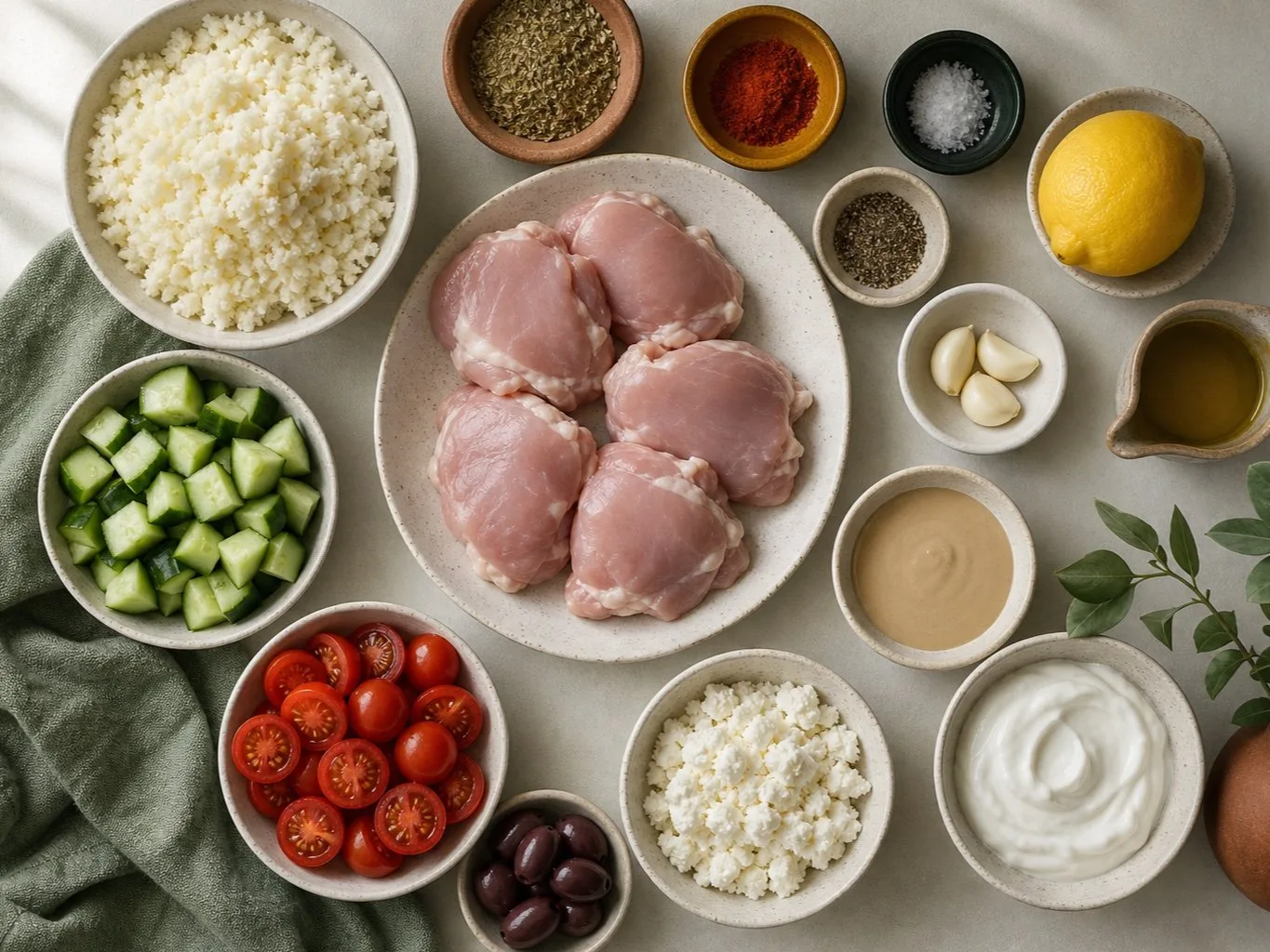 Keto Mediterranean cauliflower rice bowl ingredients with chicken, cauliflower rice, feta, olives, and vegetables