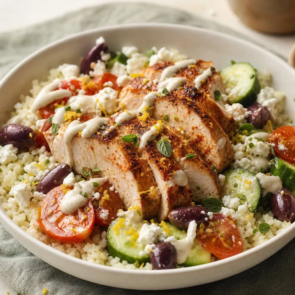 Plated keto Mediterranean cauliflower rice bowl with chicken, vegetables, feta, olives, and yogurt sauce